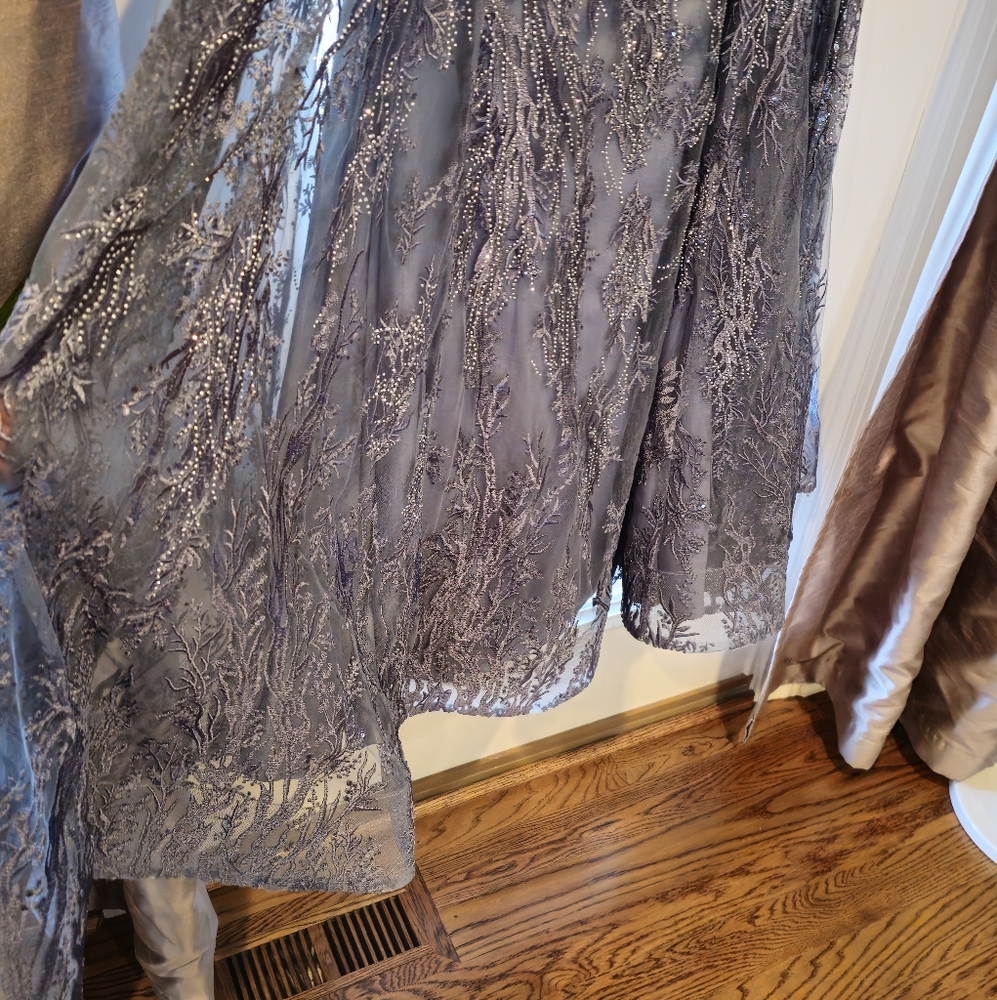 Mother of the Bride Slate Beaded Dress with Sheeer Short Sleeves